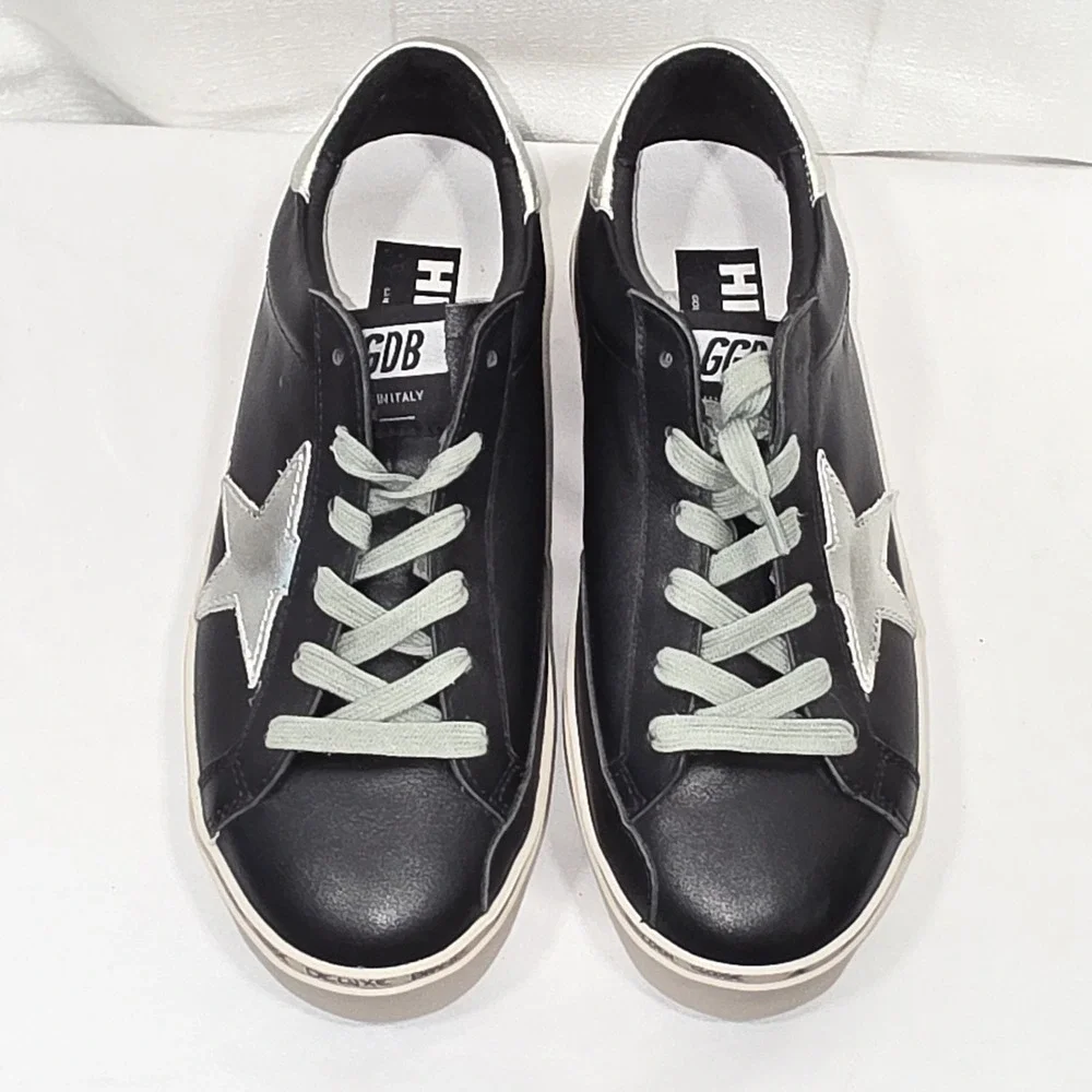Golden Goose Hi Star Classic Shoes Womens Size 38 Black Silver Colorway Leather